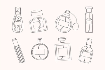 Beauty collection of hand drawn flat bottles of perfume elements illustration