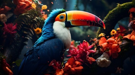 Vibrant Toucan with Colorful Shimmering Beak Perched in Lush Tropical Rainforest Greenery. Ideal for nature and wildlife themes - obrazy, fototapety, plakaty