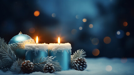 Lantern with a candle on a wooden table with a festive Christmas in the winter snow.