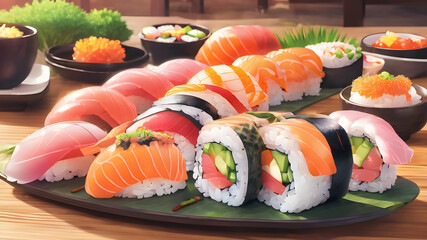 Savor the Flavor: 2D Cartoon Illustration of Delicious and Tasty Japanese Sushi