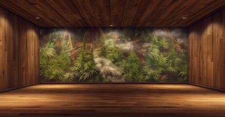 Marijuana Dispensary with botanical Cannabis plants displayed on the wooden wall