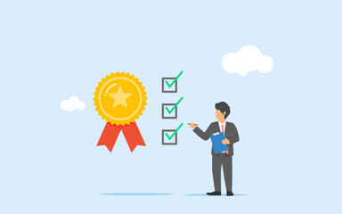 Guarantee. Businessman check quality with passed checklist. QC. Quality Control to check quality and giving certified or approval, process to assure excellence product and service delivery. Standard.