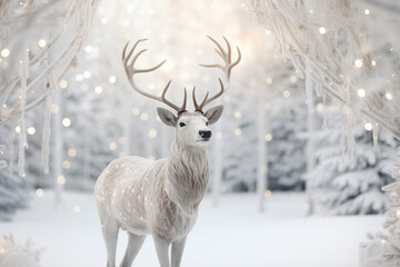 White and silver fur reindeer in a snowy magical winter wonderland