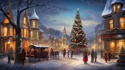 A quaint village square bustling with holiday shoppers and a towering Christmas tree. - obrazy, fototapety, plakaty
