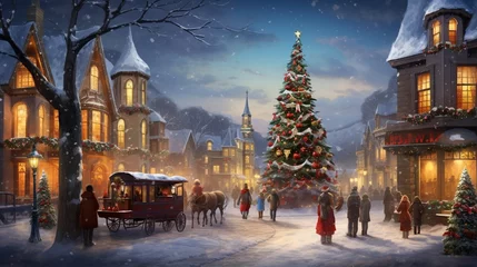Papier Peint photo Moscou A quaint village square bustling with holiday shoppers and a towering Christmas tree.