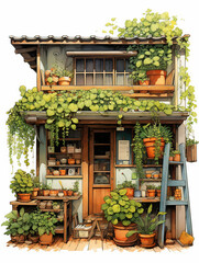 Nature's Abode: An Illustration of a Green-Covered Building with a Herb Store and Living Space,traditional house in the village,japanese house