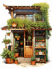 Fototapeta na wymiar Nature's Abode: An Illustration of a Green-Covered Building with a Herb Store and Living Space,traditional house in the village,japanese house