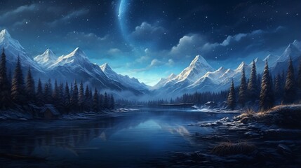 A serene winter scene with a frozen lake reflecting a starry night sky and distant mountains.