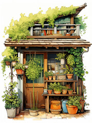 Nature's Abode: An Illustration of a Green-Covered Building with a Herb Store and Living Space,traditional house in the village,japanese house