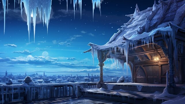 A snowy rooftop covered in glistening icicles, with a clear view of the night sky.