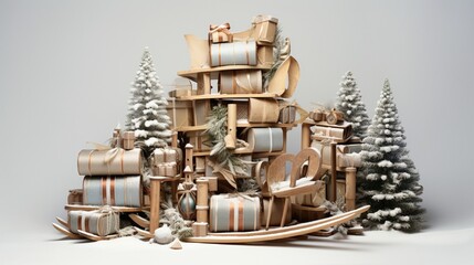 A wooden sled piled high with beautifully wrapped gifts in a winter wonderland.