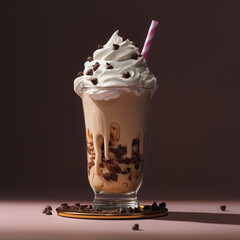 Sweet Indulgence: A Chocolate Milkshake with Whipped Cream and a Wafer Straw - obrazy, fototapety, plakaty
