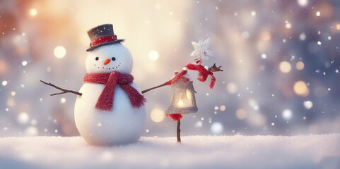 A lone snowman surrounded by falling snow shimmers with mesmerizing light bokeh.