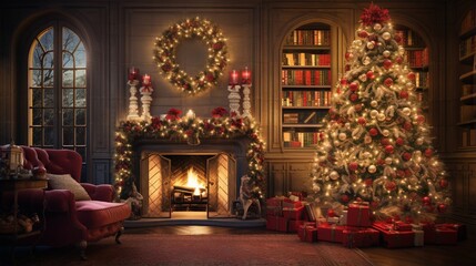 A Photograph capturing the essence of holiday cheer A cozy living room adorned with twinkling lights, a crackling fireplace, and a beautifully decorated Christmas tree.