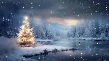 A Photograph capturing the serene beauty of a snow-covered landscape, adorned with twinkling lights and a blank canvas for heartfelt holiday wishes.