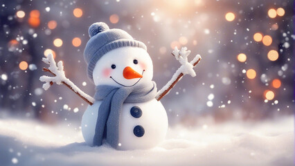 A lone snowman surrounded by falling snow shimmers with mesmerizing light bokeh. - obrazy, fototapety, plakaty