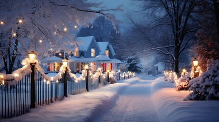 A Photograph of a serene winter wonderland, adorned with twinkling lights and a blanket of fresh snow, invites you to pen heartfelt holiday wishes. - Powered by Adobe