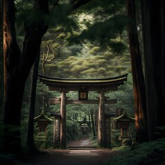 a beautiful shinto shrine with honden and vast grounds within a forest in the middle of the shrine are two hude twin trees 200mm lens cinematograph  - obrazy, fototapety, plakaty