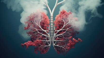 Abstract illustration of human lungs with smoke and fog. Ecology and health care concept.  - obrazy, fototapety, plakaty