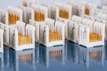 Electrical connector, pin header on print circuit board, close-up