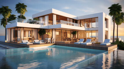 Fototapeta premium Seaside Luxury Abode - Modern Minimalist Cubic Villa with Expansive Pool Among Palms, generative Ai