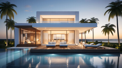 Fototapeta premium Seaside Luxury Abode - Modern Minimalist Cubic Villa with Expansive Pool Among Palms, generative Ai