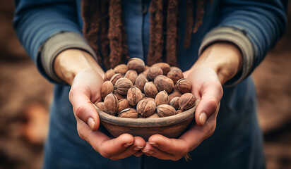 Female hands with many nuts. Healthy food concept. AI generated