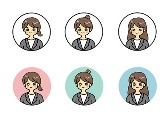 丸の中のスーツ姿の若い女性のライン風アイコンセット