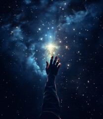 Obraz na płótnie Canvas Hand reaching up to the sky with some stars