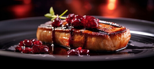 Pan seared foie gras with Port wine reduction. Generative AI.