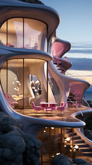 Pink 3D Architectural Design for Special Organic Conceptual Type,Sunset Serenity: Modern Pink House Overlooking the Ocean