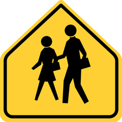 Vector graphic of a USA old style School Zone Ahead mutcd highway sign. It consists of a child and an adult crossing the road in a yellow arrow shape