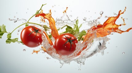 Fresh cherry tomatoes in water splash, isolated on white background. 