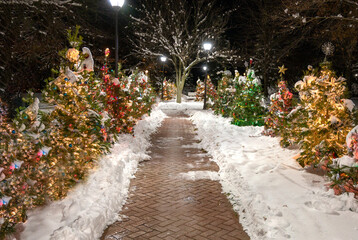 Fototapeta premium Path in park with colorful Christmas trees in snowy night. Holy night concept. 