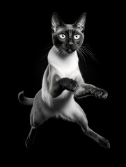 Ethereal Flight: A Siamese Cat Leaping in the Dark,black and white cat on black background