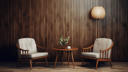 Mid-Century Modern Allure - Living Room with Wooden Chairs & Round Table Against Wood Paneling, generative Ai