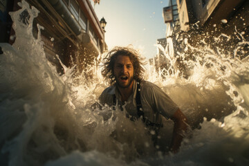 Man standing on a city street being consumed by a giant wave and rush of water of a great floods or tsunami