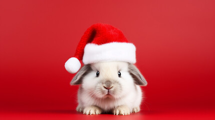 Obraz na płótnie Canvas Cute bunny dressed in Santa Claus hat, on red background, space for text, Merry Christmas, New Year card, generative AI