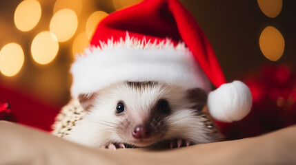 Fototapeta na wymiar Cute hedgehog dressed in Santa Claus hat, space for text, Merry Christmas, New Year card, generative AI