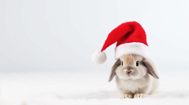 Cute bunny dressed in Santa Claus hat on white background, space for text, Merry Christmas, New Year card, generative AI