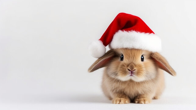 Cute bunny dressed in Santa Claus hat, on white background, space for text, Merry Christmas, New Year card, generative AI