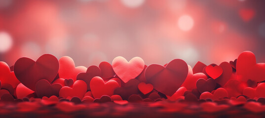 Valentines day background banner with abstract panorama of red hearts for love concept - obrazy, fototapety, plakaty