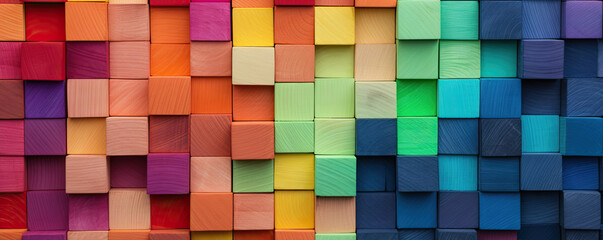 Fototapeta premium Colored wooden cubes wall. Abstract geometric rainbow blocks. wide banner