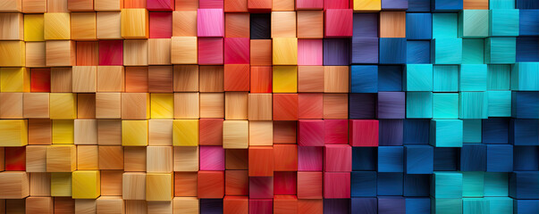 Fototapeta premium Colored wooden cubes wall. Abstract geometric rainbow blocks. wide banner
