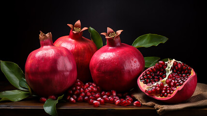 Table full of red and delicious pomegranates. Healthy food concept. AI generated
