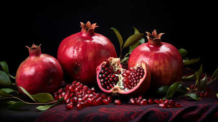 Table full of red and delicious pomegranates. Healthy food concept. AI generated