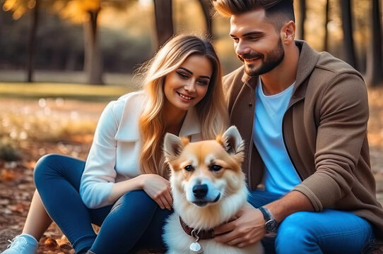 young couple with dog. a girl and a guy are sitting in nature and petting a dog. AI GENERATE