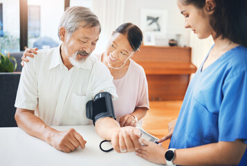 Blood pressure, nurse and senior couple in living room with equipment for hypertension. Sick,...