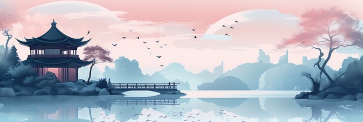 Obraz premium illustration of ancient Chinese building with a fairyland, generative AI