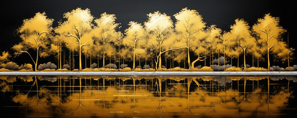 Golden trees near dark lake, reflection in water. Landscape in night.